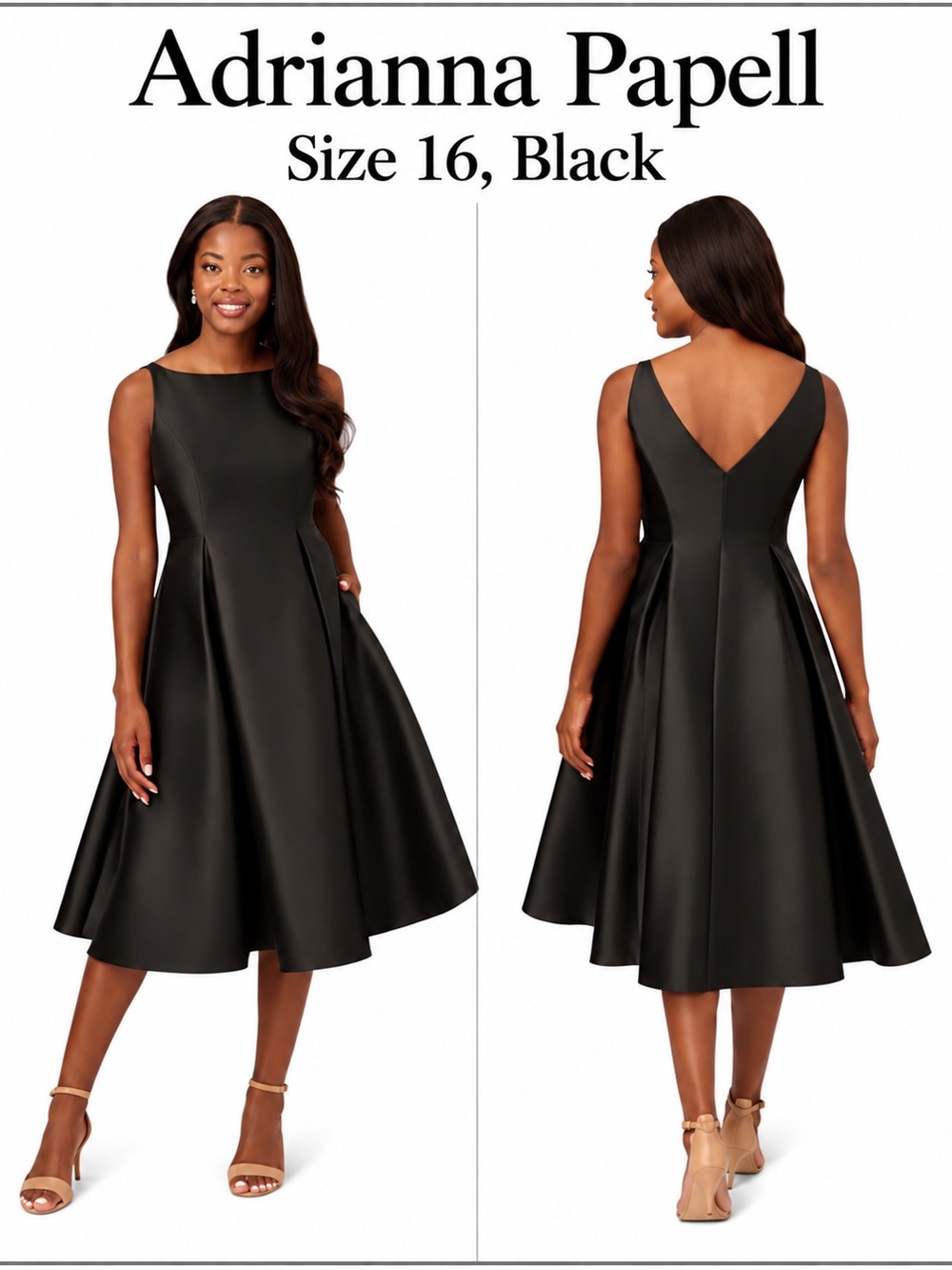 Adrianna Papell Cocktail Dress Size 16 Black Mikado Fit & Flare V-Back Black
